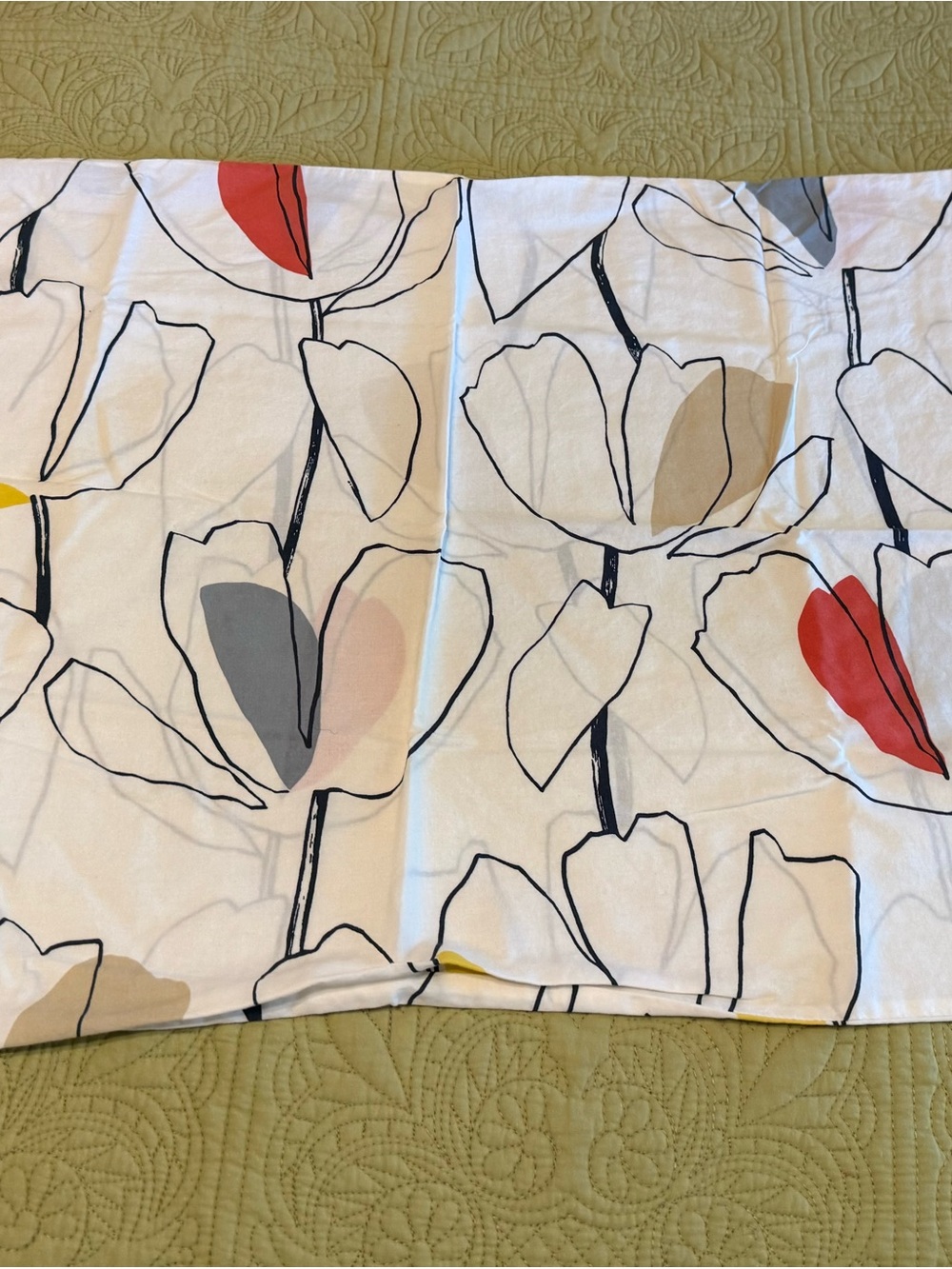 The Company Store Floral Cotton Pillowcase in White with Red, Gray, Tan Accents